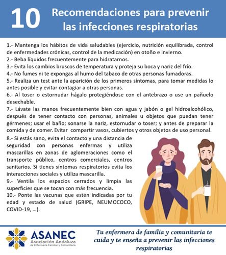asanec's tweet image. 📌Recomendaciones para prevenir una infección respiratoria y los cuidados si ya la padeces 🤒
🔸Tu enfermera de familia y comunitaria te enseña a prevenir y a cuidarte cuando padeces una infección respiratoria 👩🏻‍⚕️ 
#EFYC #infeccionesrespiratorias #cuidados #atenciónprimaria
