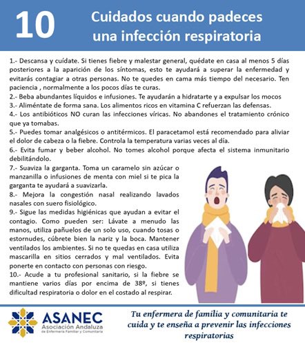 asanec's tweet image. 📌Recomendaciones para prevenir una infección respiratoria y los cuidados si ya la padeces 🤒
🔸Tu enfermera de familia y comunitaria te enseña a prevenir y a cuidarte cuando padeces una infección respiratoria 👩🏻‍⚕️ 
#EFYC #infeccionesrespiratorias #cuidados #atenciónprimaria