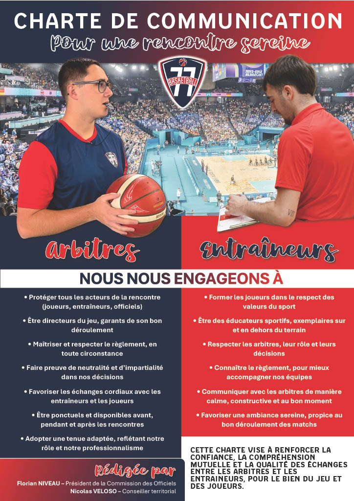 Le Comité a mis en place une charte arbitres-entraîneurs, dédiée à la communication entre les deux parties 🤝 L'affiche va être envoyée dans tous les clubs du 77 pour affichage dans les gymnases 🙂

✍️ basket77.fr/2025/11/charte…

#Basket77