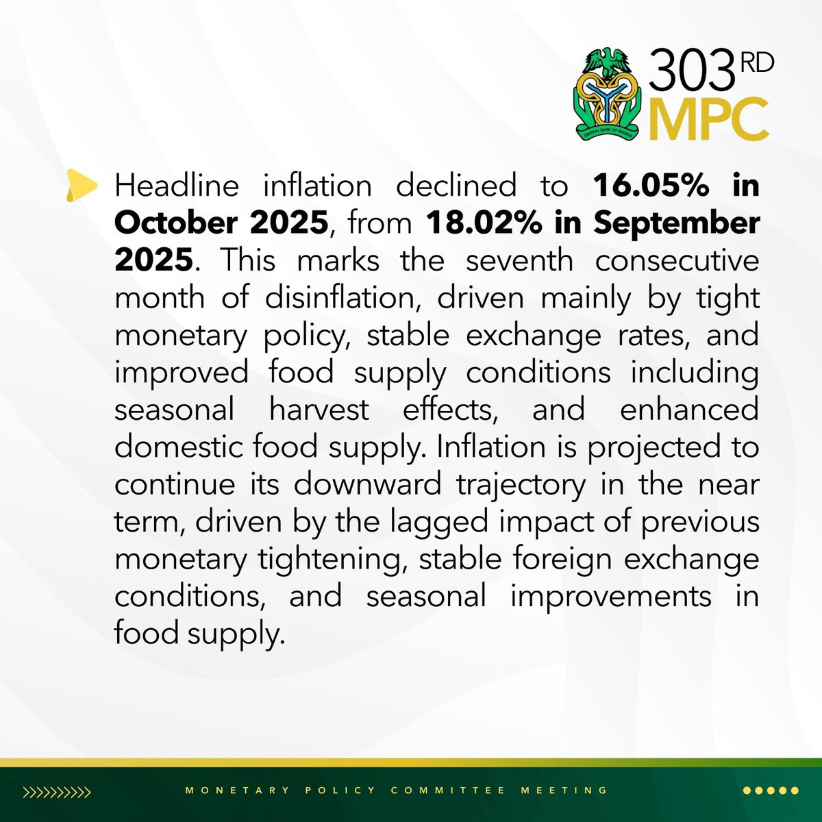 cenbank's tweet image. Key highlights from the 303rd MPC Decisions.

Kindly visit the CBN website to read more : cbn.gov.ng/Out/2025/CCD/F…

#MPC
#CBN