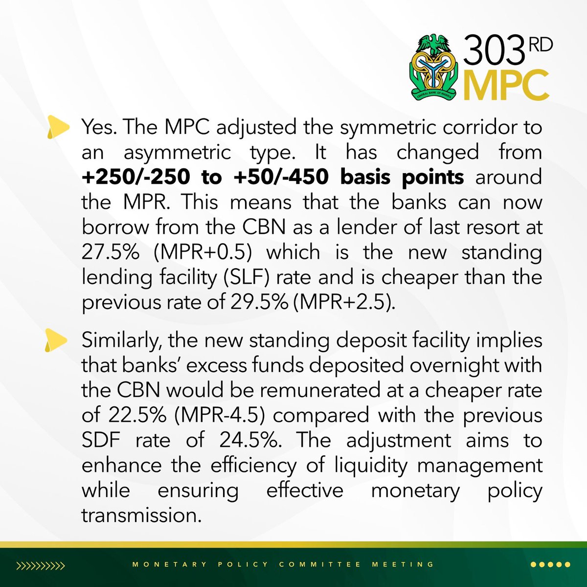 cenbank's tweet image. Key highlights from the 303rd MPC Decisions.

Kindly visit the CBN website to read more : cbn.gov.ng/Out/2025/CCD/F…

#MPC
#CBN