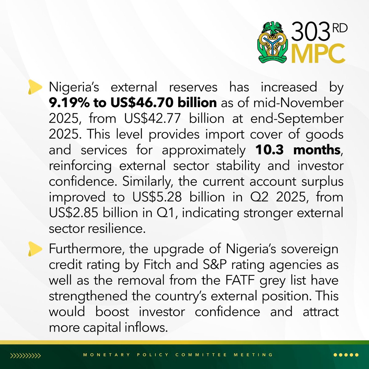 cenbank's tweet image. Additional insights from the 303rd MPC Decisions.

Kindly visit the CBN website to read more : cbn.gov.ng/Out/2025/CCD/F…

#MPC
#CBN