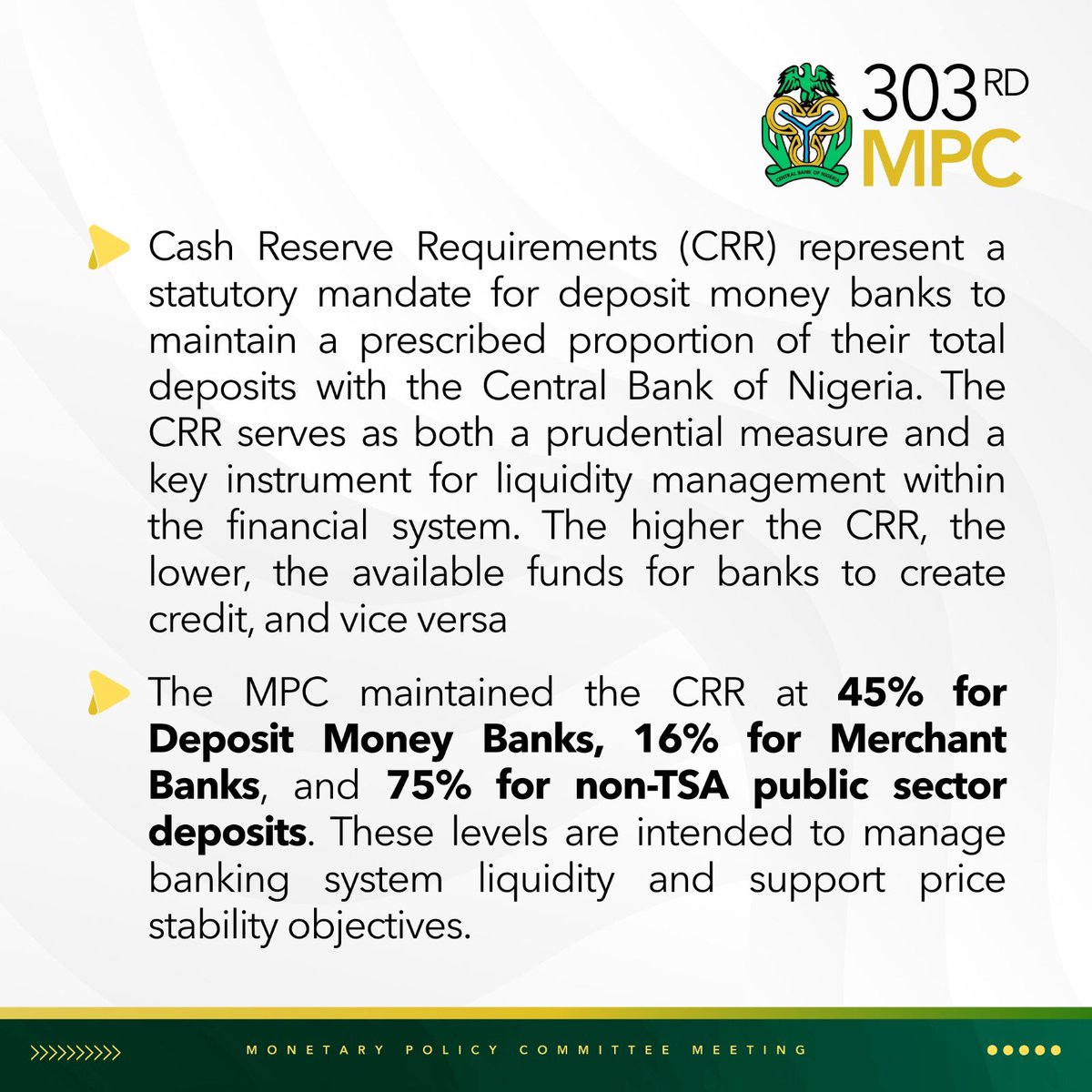 cenbank's tweet image. Additional insights from the 303rd MPC Decisions.

Kindly visit the CBN website to read more : cbn.gov.ng/Out/2025/CCD/F…

#MPC
#CBN