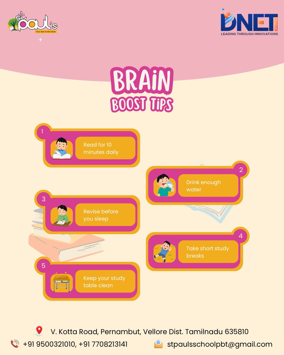 st_pauls_pbt's tweet image. Brain Boost Tips
Small daily habits that sharpen your memory and improve your focus.

📞 Call Now: +91 9500321010 / +91 7708213141

#BrainBoostTips #StudySmart #HealthyHabits #StPaulsPernambut #DnetEducation
