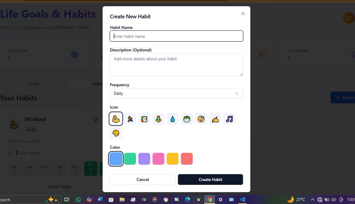 Bwister1's tweet image. Daily progress🔥
Built the Create Habit and Create Goal form UI today icons, colors, frequency options, all clean and functional.

Small steps daily. Big results over time.
More updates coming 😁. 

Let Connect to build your own projects👨‍💻.

#buildinpublic
#reactjs
#webdev