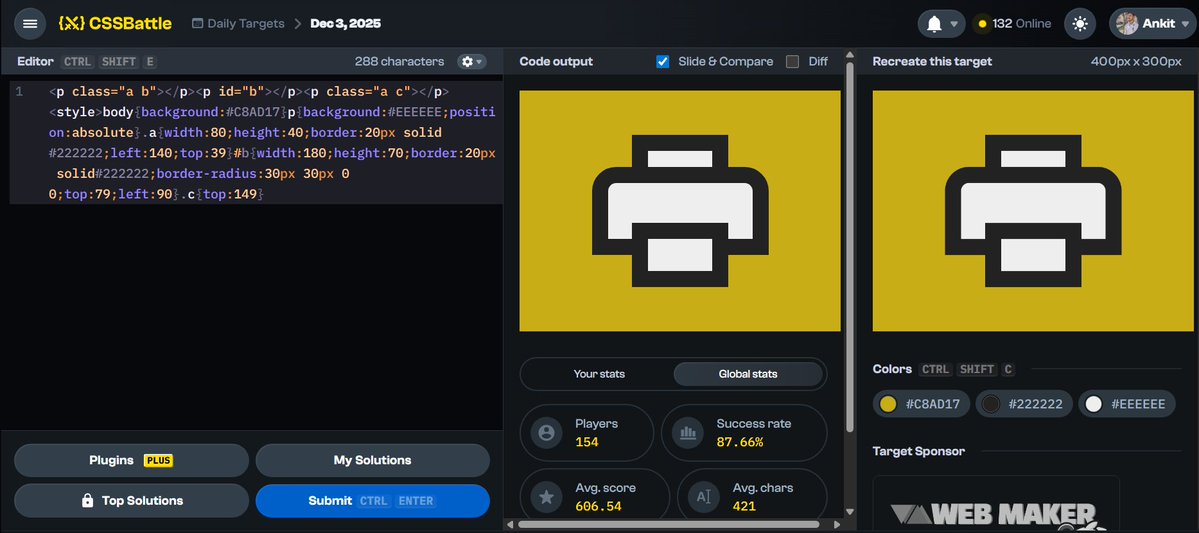 AnkitJa46246287's tweet image. {⚔️} Day 107 of #CSSBattleDaily streak: Dec 3  — 625.7 score / 288 chars cssbattle.dev/play/v72DYjuoX… via @css_battle