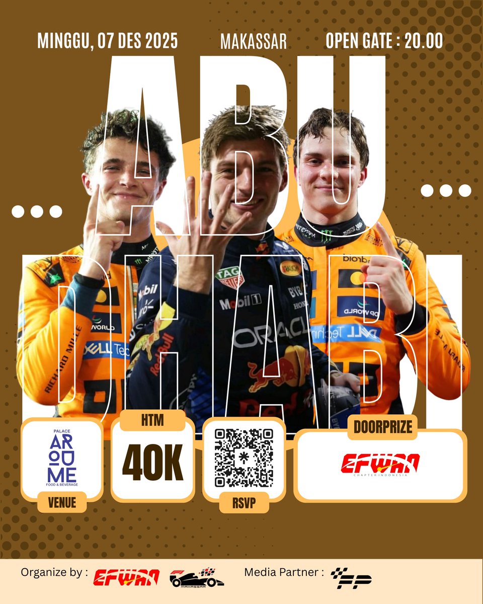 INI DIA YG DINANTI-NANTI!!! apa kalian sudah siap untuk join nobar f1 terakhir musim ini???

Lokasi: MALANG, SURABAYA, MAKASSAR

RSVP?link di bio atau langsung scan QR code di poster yaa😎

Tenangg doorprize nya buanyakkk yuk buruan daftar🫵🏻

See you on ABU DHABI GP🏎️🏁