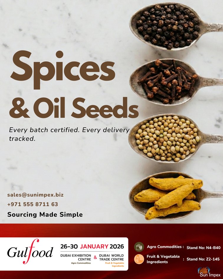 From black pepper and cloves to coriander and turmeric, our spices and oil seeds are sourced with care and certified at every step.

Meet us at Gulfood 2026 to explore more.

📅 Jan 26-30, 2026
 📍 Dubai Exhibition Centre
🎪 Stand N4-B40

#Gulfood2026 #Dubai #FoodExpo #SunImpex