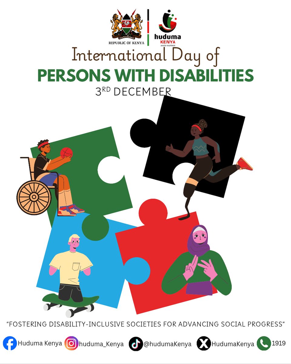 HudumaKenya's tweet image. As we mark the International day of Persons with disabilities, Huduma Kenya is committed to building accessible environments, challenging stereotypes, and ensuring equal opportunities for all.