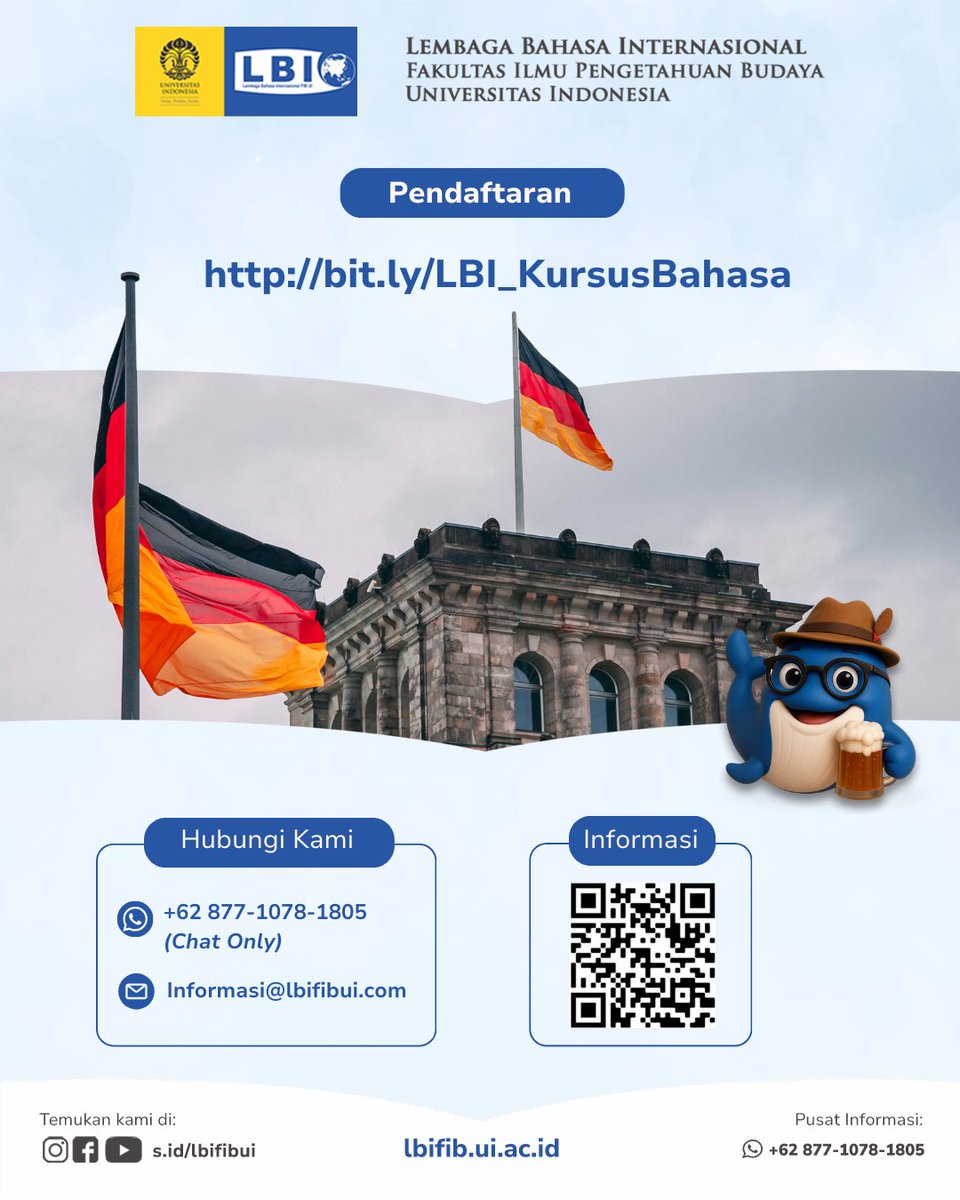 Kursus Bahasa Jerman telah dibuka!
Peserta akan mempelajari berbagai keterampilan berbahasa secara terstruktur dan efektif, mulai dari dasar hingga kemampuan komunikasi yang lebih kompleks.

🗓 Periode pendaftaran: 22 November 2025 s.d. 5 Januari 2026
🔗bit.ly/LBI_KursusBaha…