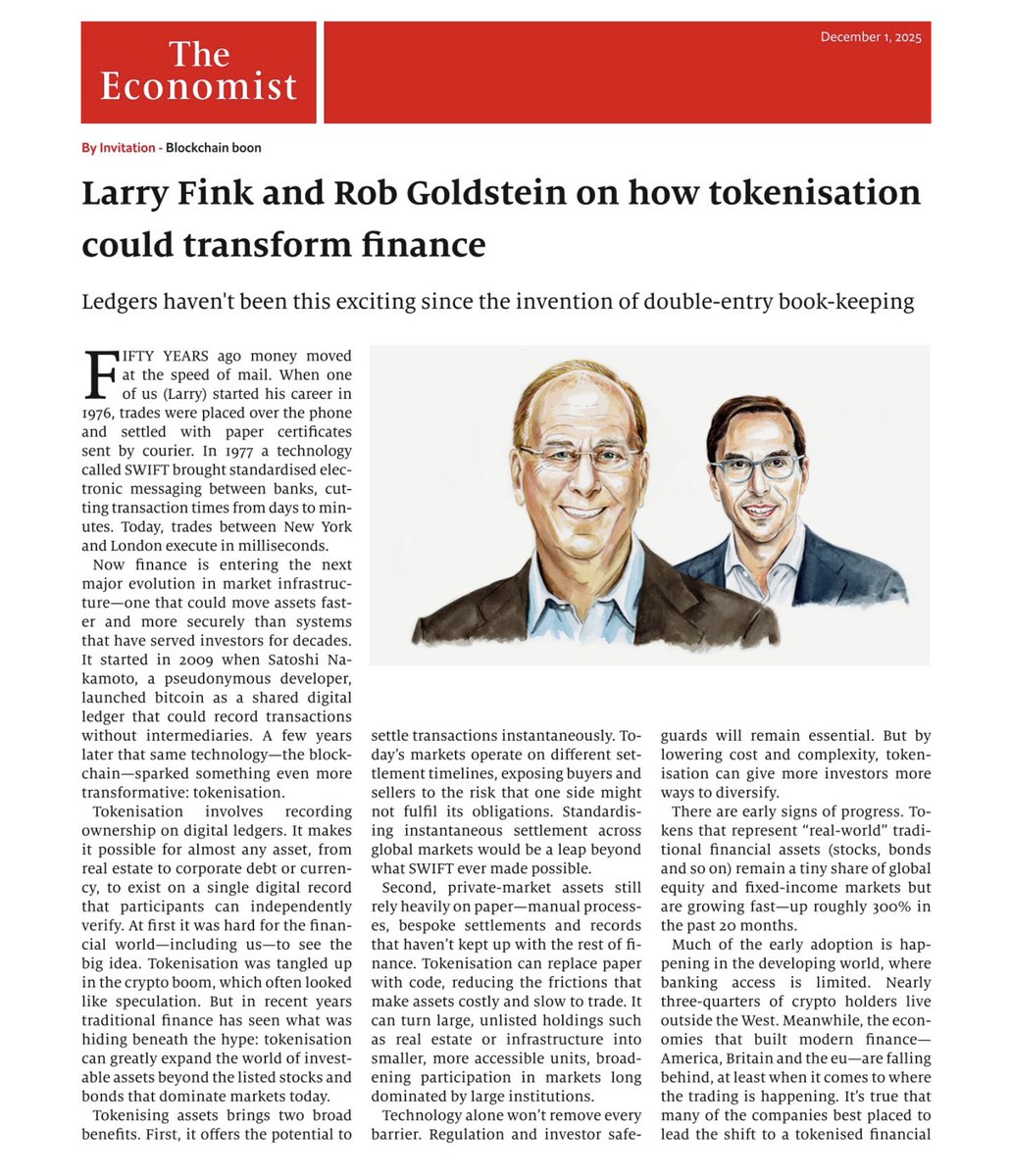 🔎 Tokenisation is shaping up to be the next big shift in global finance. 

Larry Fink and Rob Goldstein explain why digital assets, instant settlement, and unified standards could finally modernise market infrastructure, and why regulation must evolve in parallel.