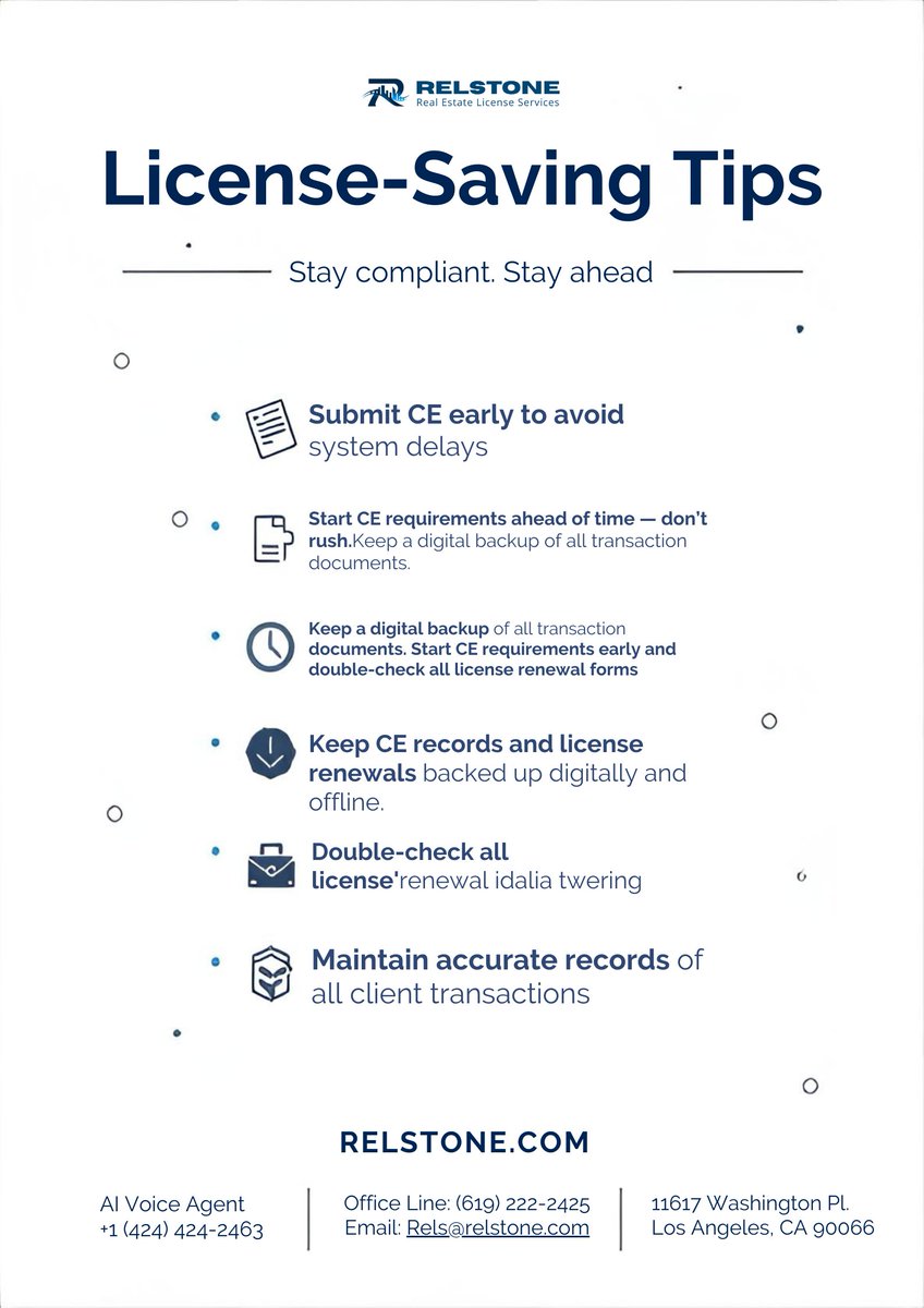 CARELicandIns's tweet photo. Protect your license: submit CE early, keep backups, double-check forms.

🌐 https://t.co/3u7p52z9ee | 🤖 +1 (424) 424-2463 | 📞 619-222-2425
📍 11617 Washington Pl, Los Angeles, CA 90066
#RealEstateTips #CEGuide #LicenseRenewal #Relstone #RealEstatePro #AgentTips https://t.co/ieMhOrP5w8