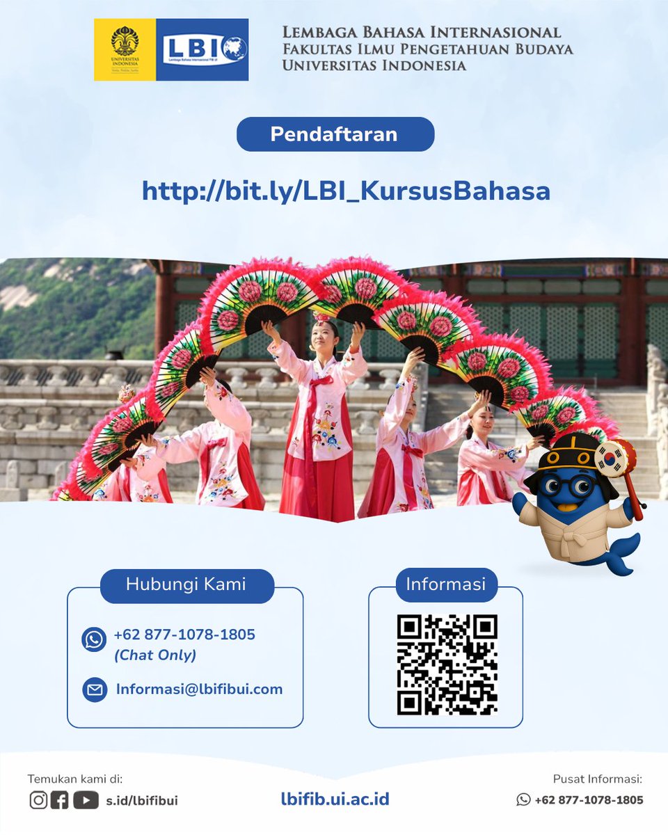 Kursus Bahasa Korea telah dibuka!
Peserta dapat membangun fondasi bahasa yang kuat serta memahami ekspresi dan budaya yang sering ditemui dalam hiburan Korea.

🗓 Periode pendaftaran: 22 November 2025 s.d. 5 Januari 2026
🔗bit.ly/LBI_KursusBaha…