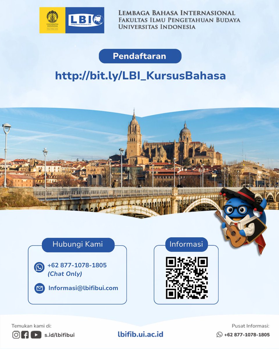 Kursus Bahasa Spanyol telah dibuka!
Penguasaan bahasa Spanyol membuka akses menuju kekayaan budaya global, memperluas kesempatan studi, serta memperluas jaringan profesional di berbagai bidang.

🗓Periode pendaftaran: 22 November 2025 s.d. 5 Januari 2026
🔗bit.ly/LBI_KursusBaha…