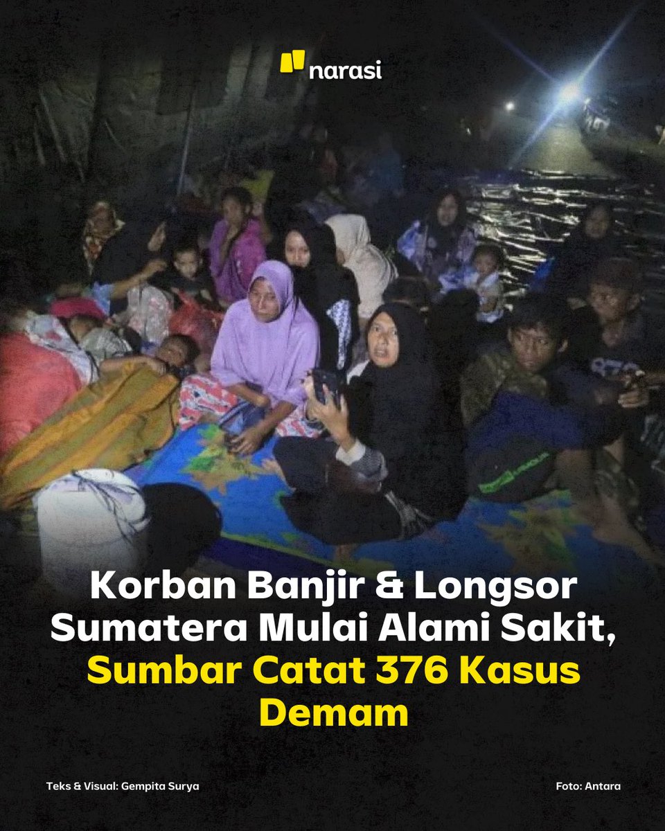 NarasiNewsroom's tweet photo. Korban bencana banjir bandang dan tanah longsor di provinsi Aceh, Sumatera Barat, dan Sumatera Utara, mulai terserang penyakit.

Berdasarkan data Kementerian Kesehatan (Kemenkes), Sumatera Barat menjadi wilayah dengan kasus demam tertinggi dibandingkan dua provinsi terdampak bencana lainnya. Selain itu, Ikatan Dokter Anak Indonesia (IDAI) juga mencatat adanya berbagai macam penyakit, seperti ISPA hingga diare, yang menyerang anak-anak korban banjir dan tanah longsor di Sumatera.

| Narasi Daily