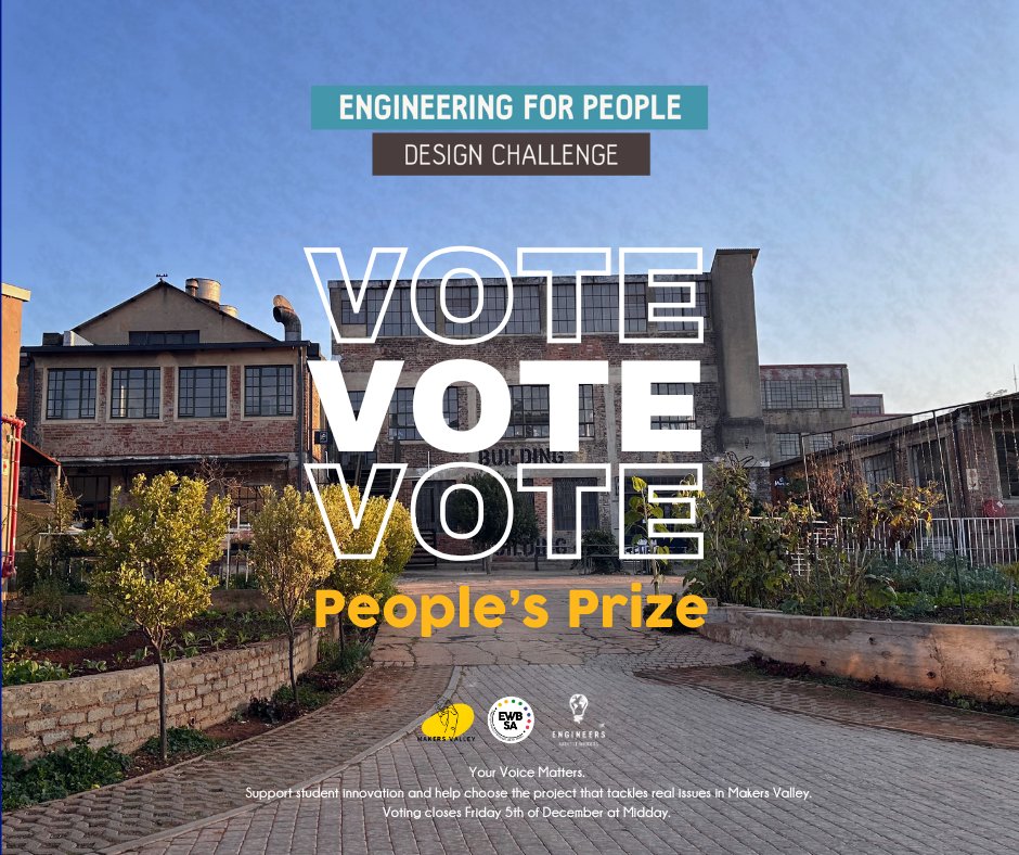 EWBSA's tweet image. 🚨 VOTING IS LIVE 🚨 Pick your favourite project in the Engineering for People Design Challenge 2024/25 – SA 

Teams tackling social, economic &amp;amp; environmental challenges in Makers Valley need YOUR vote!

🗳️Vote: bit.ly/4iyCze9 
⏰Deadline: 5 Dec, Midday SA

#PeoplePrize