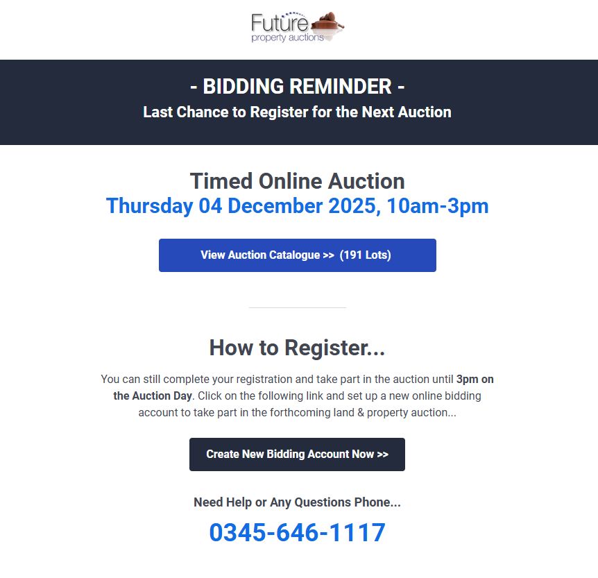 FuturePropAuc's tweet image. Last Chance to Register for the Auction Thursday 04 Dec 2025, 10am-3pm
View Auction Catalogue &amp;gt;&amp;gt; buff.ly/DOrrlch  
Create New Account &amp;gt;&amp;gt; buff.ly/TEQT9SP 
-----
#scottishpropertyauction
#scottishproperty
#Propertyauctionscotland
#propertyauction