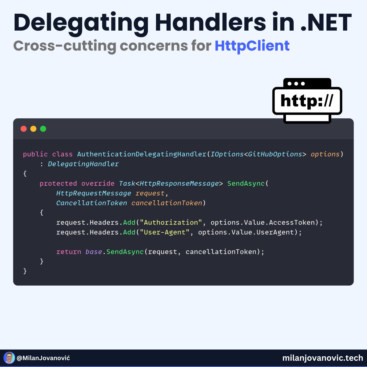 mjovanovictech's tweet image. Tired of customizing HttpClient requests in C#?

Maybe you&apos;re looking for a Delegating Handler.

It&apos;s like a middleware for your HttpClient.

You can add behavior before or after sending a request.

I use it all the time to solve cross-cutting concerns:

- Authentication
-…