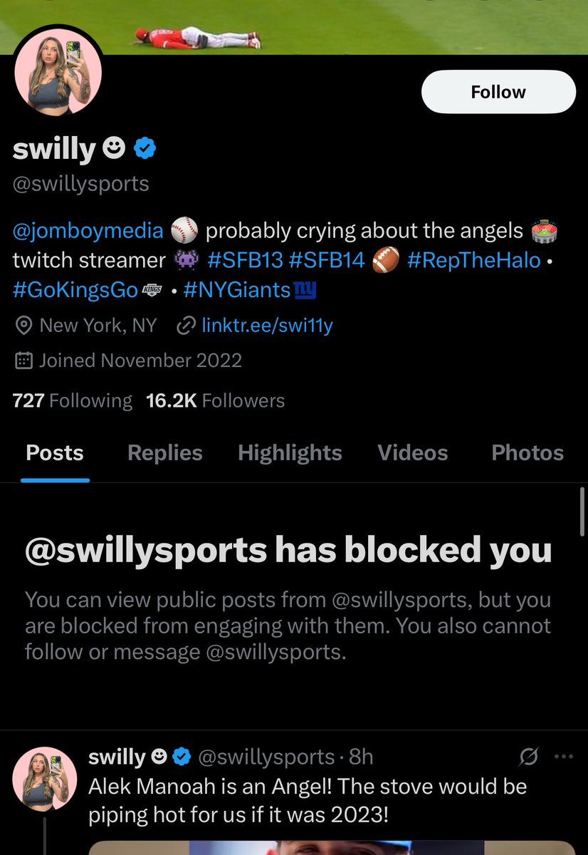 HalosAnonymous's tweet image. Oh would you look at that. @swillysports’s softass has blocked me again. It’s sad that the most relevant Angels’ fan is a reflection of how sad our organization actually is. @JomboyMedia @Jomboy_