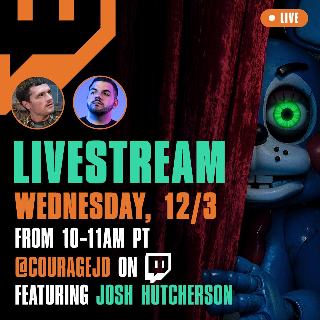 blumhouse's tweet photo. @jhutch1992 is going gamer mode with @CouRageJD. 
Tune into the live @Twitch stream tomorrow morning at 10 am PT. Don’t miss it https://t.co/oiLiLgeL0J