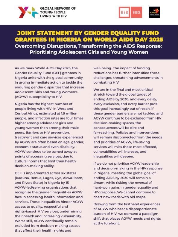 HerVoiceFund's tweet photo. As part of ongoing World AIDS Day commemorations, the Gender Equality Fund grantees in Nigeria have developed a unified statement grounded in the lived experiences of adolescent girls and young women.

🔗 Sign on via the link in the bio! https://t.co/cr4N6e7x01