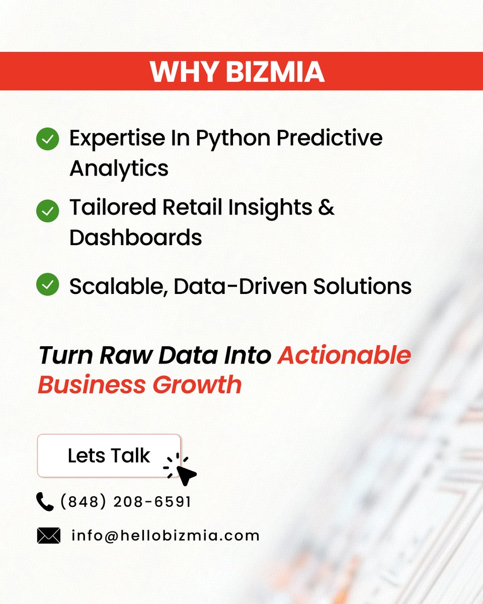 bizzmiallc's tweet image. 𝗣𝘆𝘁𝗵𝗼𝗻 + 𝗣𝗿𝗲𝗱𝗶𝗰𝘁𝗶𝘃𝗲 𝗜𝗻𝘁𝗲𝗹𝗹𝗶𝗴𝗲𝗻𝗰𝗲 = 𝗥𝗲𝘁𝗮𝗶𝗹 𝗧𝗵𝗮𝘁 𝗧𝗵𝗶𝗻𝗸𝘀 𝗔𝗵𝗲𝗮𝗱.
#RetailAnalytics #PythonForRetail #PredictiveAnalytics #Bizmia #DataDrivenRetail #RetailTech #MLInRetail #EcommerceGrowth #RetailInnovation