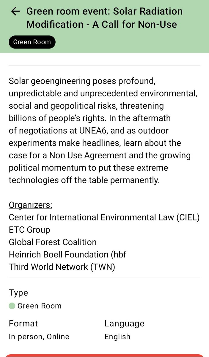 We are at #UNEA-7 and today morning we are attending 
"Green room event: Solar Radiation Modification - A Call for Non-Use" at UNEA-7. sched.co/2C5Md.
Join us!