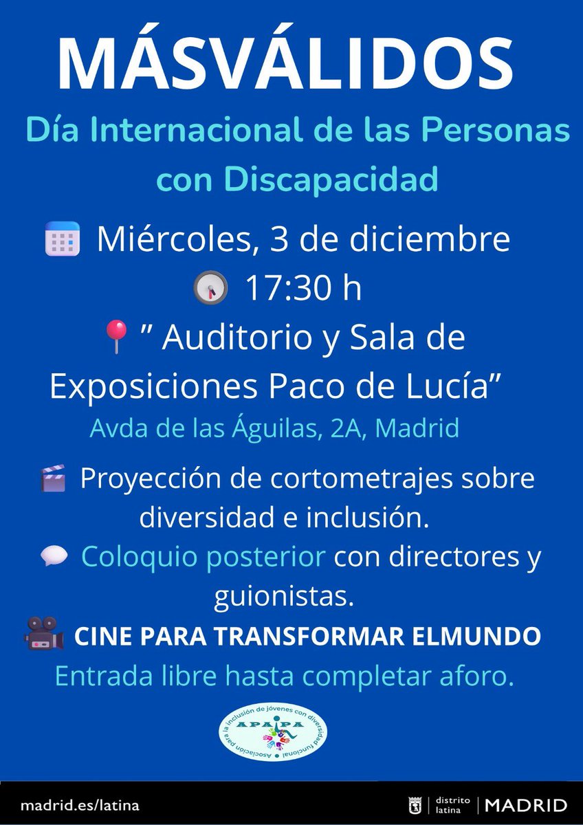 Hoy celebramos el #DiaInternacionalDiscapacidad y esta tarde se celebra un interesante acto para todos gracias a <a href="/apaipainclusion/">APAIPA</a> en nuestro Auditorio Paco de Lucia de <a href="/JMDLatina/">Distrito Latina</a>