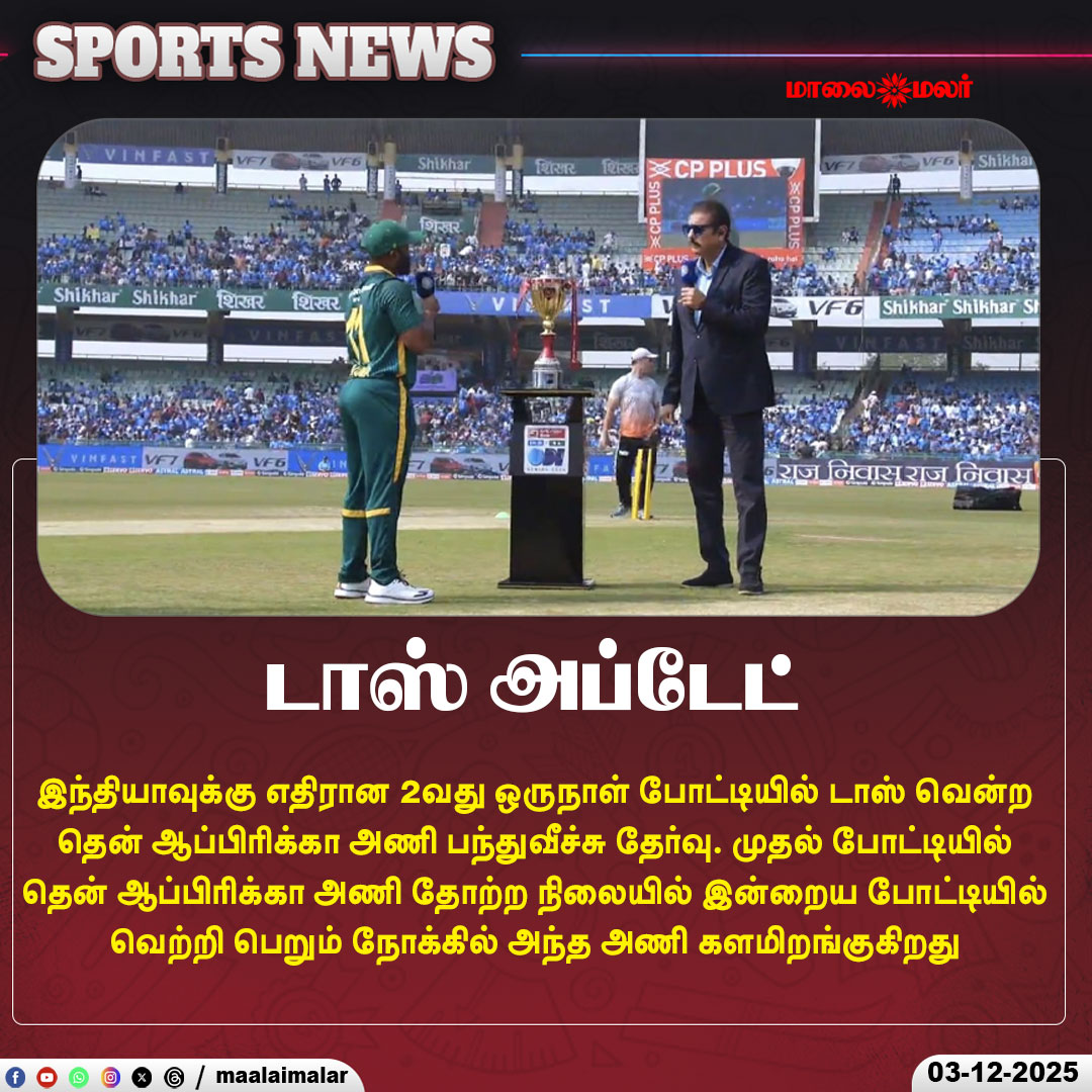 maalaimalar's tweet photo. டாஸ் அப்டேட்
#INDvsSA #SecondODI #SouthAfricaCricket #TossWon #BattingFirst #CricketMatch #IndiaVsSouthAfrica #SportsNews #mmnews #maalaimalar https://t.co/PIagIHBoHv