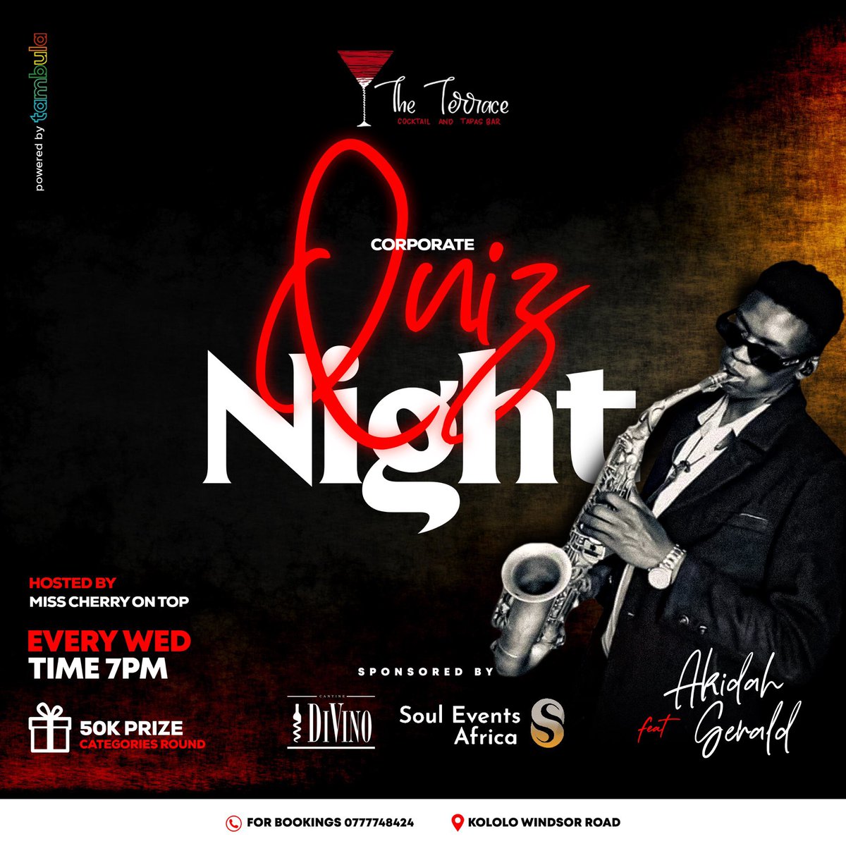 Corporate Quiz Night is on TONIGHT at The Terrace!
Hosted by <a href="/on_cheery/">Miss Clara 🇷🇼🇺🇬</a>, so come ready with your A-game. Plus, enjoy a special performance by Akidah Gerald, powered by <a href="/SoulEventsAfric/">Soul Events Africa</a> and Divino.

Don’t miss out!