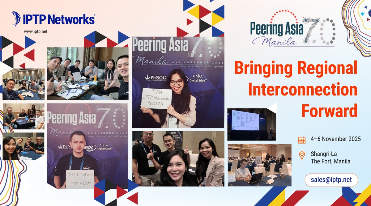 🌐 Peering Asia 7.0 — What a dynamic week!

New faces 🤝, sharp talks 💬, fresh energy — stronger regional links.⚡️ Together, we build faster, smarter, ultra-low-latency #Connectivity. 🚀

Let’s keep the momentum going and explore what’s next together.

🔗iptp.net