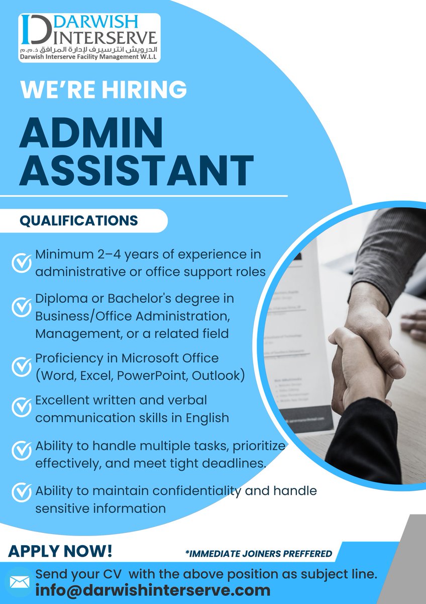 DarwishFacility's tweet image. Step Into Your Next Role, Become Our Next Administrative Assistant!

Submit your CV with a Subject line “Administrative Assistant Application – Your Name”
To:  info@darwishinterserve.com

#HiringNow #JoinOurTeam #AdminAssistant #ImmediateHiring #DIFMCareers #QatarJobs #AdminRole