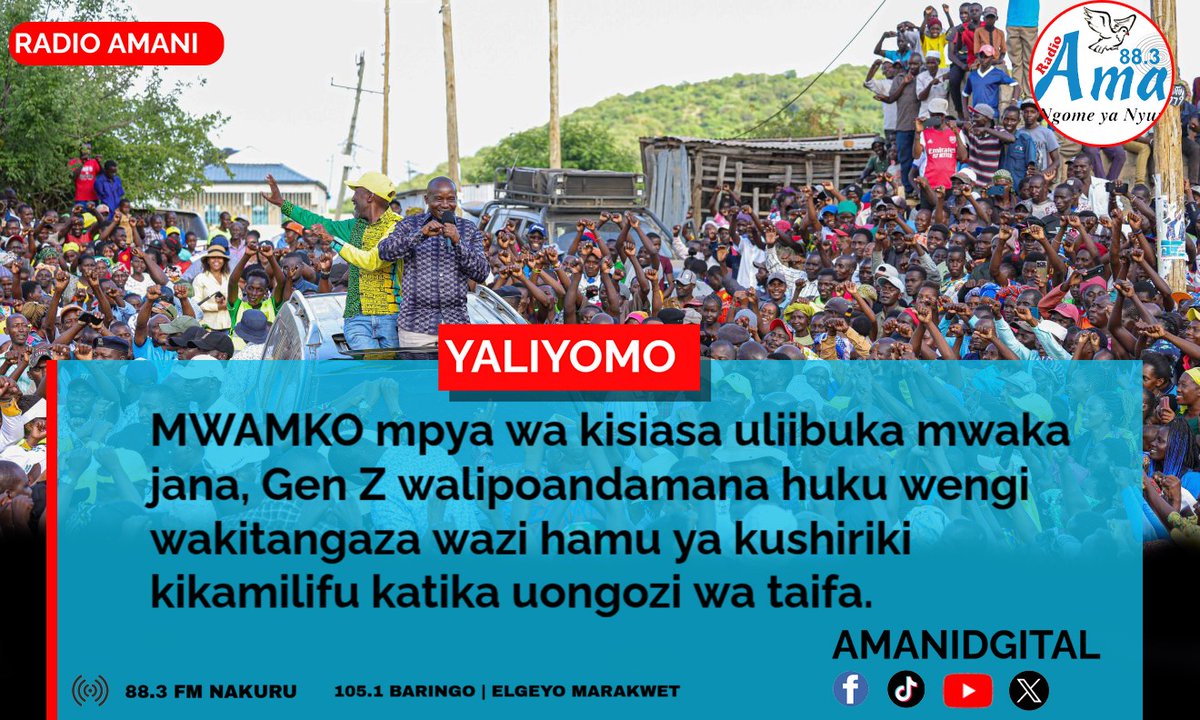 RadioAmani's tweet photo. Uamuzi wa Gen z katika kufanya mageuzi ya mkondo wa kisiasa baada ya kupata umaarufu nchini kutokana na sauti zao zilizotia nakshi almshauri ya mahitaji muhimu kusahaulika kwenye mswaada wa bajeti wenye utata. https://t.co/evRpuAkNRL
