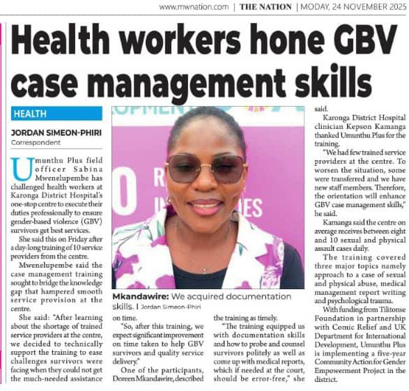 Fueling the battle against GBV with hands-on training for health workers in Karonga district
#16daysofactivism2025
Followers13 Comic Relief Tilitonse Foundation UK in Malawi UN Women Malawi