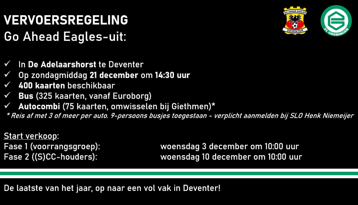 De laatste uitwedstrijd van 2025 gaat FC Groningen op bezoek bij Go Ahead Eagles.

De kaartverkoop start straks om 10.00 uur. Ga mee naar Deventer! 

#gaegro #fcgroningen