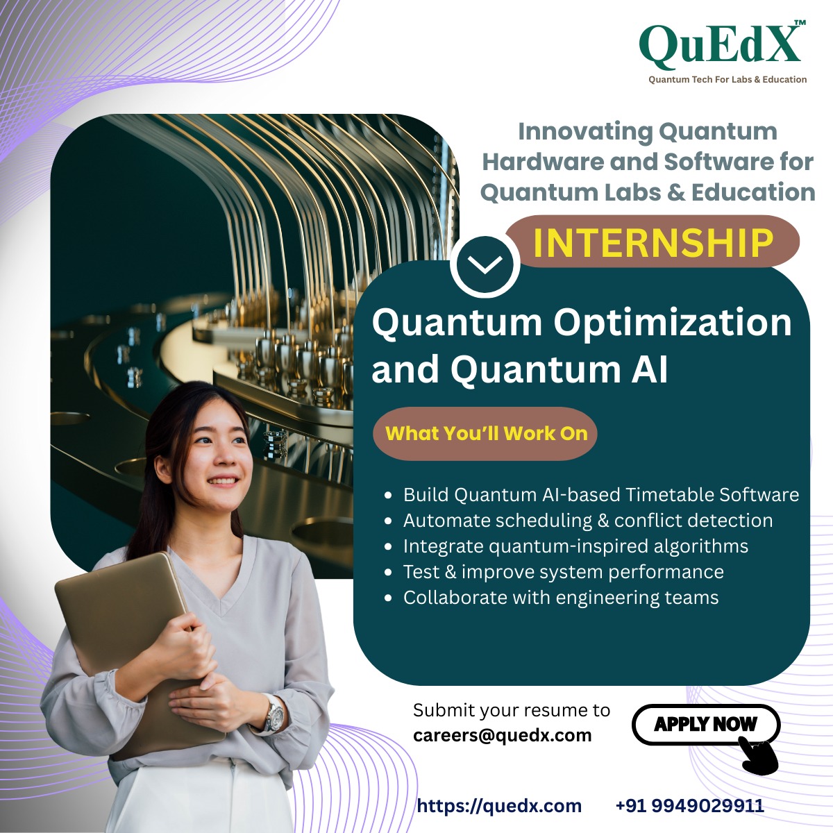 QuEdXPvtLtd's tweet image. Quantum Optimization &amp;amp; AI Internship

Build Quantum-AI powered timetable systems for universities.

Certification + Industry mentorship
careers@quedx.com

quedx.com

#QuantumAI #QuantumComputing #Internship #Hiring #TechCareers #QuEdX