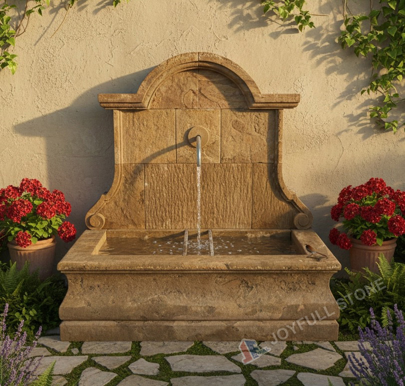 JoyfullStone's tweet photo. Bring the timeless charm of the old stone fountain to your patio. ☀️ Our natural stone wall fountain is hand-carved with an archaized finish, perfect for creating a tranquil, Mediterranean courtyard. 

#WallFountain  #TuscanDesign #CourtyardFountain #JoyfullStone #LandscapeDesign https://t.co/VQ4yYhITPD