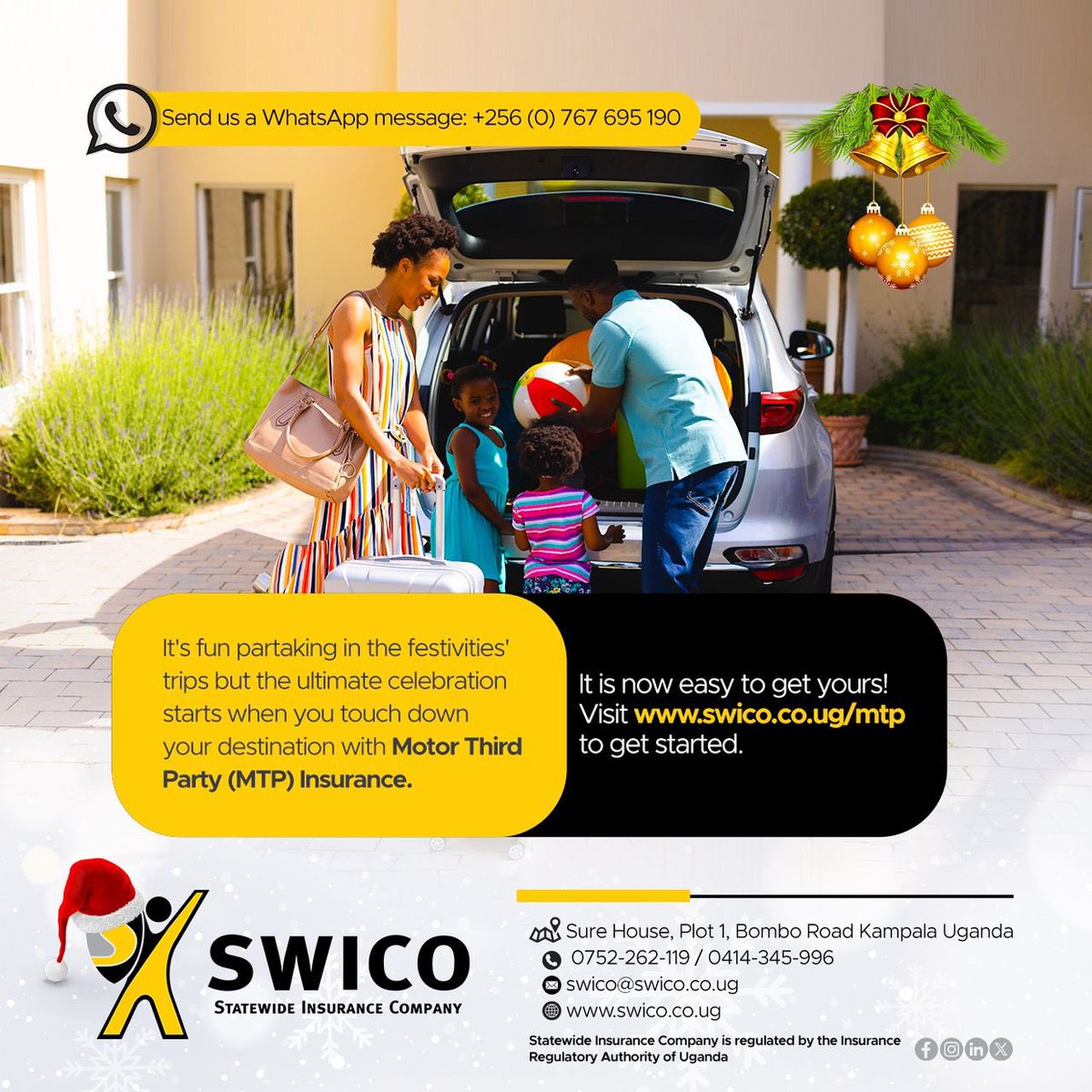 swico_uganda's tweet photo. Make festivities memorable by taking that road trip with family!
Guarantee uninterrupted vibes with the Digitalized Motor Third Party Insurance (MTP).
#DriveDigital today!
Get started here https://t.co/SPCiIqmhGH https://t.co/t2VFqeheoN
