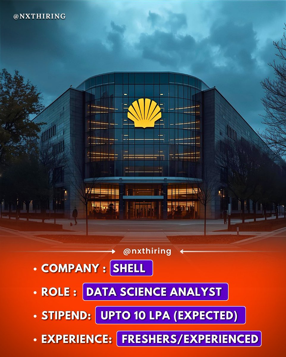 NxtHiring's tweet image. 🚀 @Shell  is hiring Data Science Analysts!
Freshers &amp;amp; experienced both can apply.

💰 Upto 10 LPA (Expected)
🔥 Global opportunity

Want the link?
👇
Comment “#Shell” and I’ll send it instantly!

#Shell #Hiring #DataScience #Nxthiring