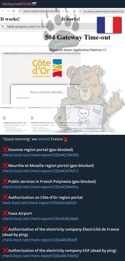 FalconFeedsio's tweet photo. 🚨 DDoS Alert: 🇫🇷

NoName claims to have targeted multiple websites in France.

-Prefecture of Essonne
-Prefect of Meurthe-et-Moselle
-High Commission of the Republic in French Polynesia
-Department of Côte-d'Or
-Faaʼa International Airport
-EDF Entreprises https://t.co/9XNF1FrHnG