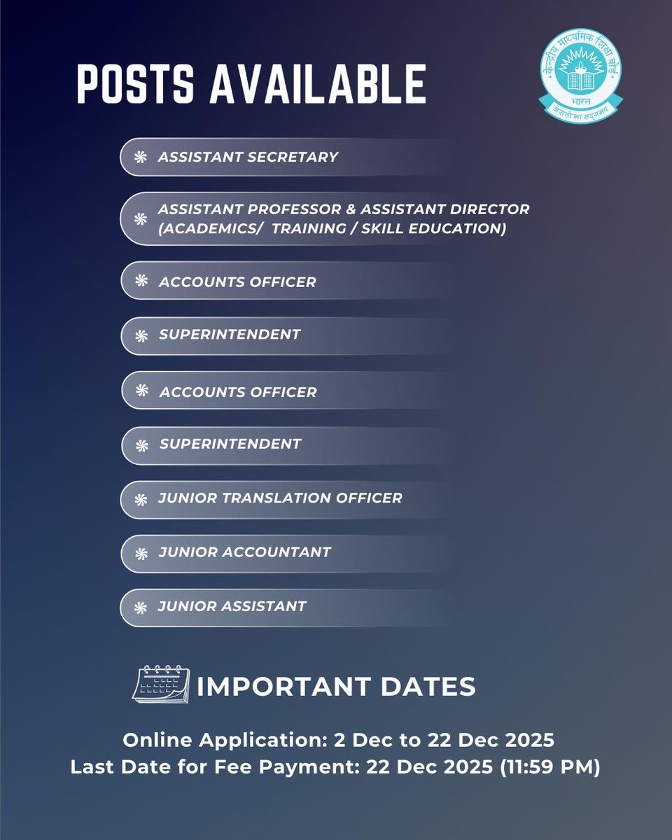 cbseindia29's tweet photo. CBSE Vacancy Notification 2025

We are inviting applications for DRQ 2026 to fill multiple Group A, B and C positions across CBSE offices in India.
Explore a career opportunity with CBSE and apply within the deadline if it aligns with your profile.

Online Application Window
2 December to 22 December 2025 (till 11:59 PM)

Apply here:
https://t.co/ApXFumvGIy