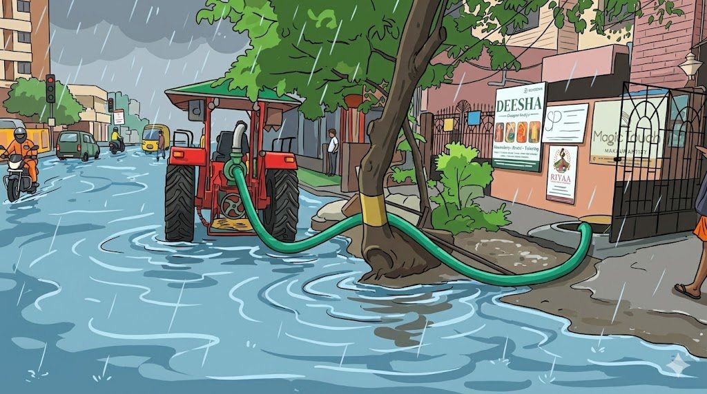 Arappor's tweet image. பம்ப் இருக்க பயமேன் ! 
இந்த மாத சென்னை மழையில் பிரபலமான படம் இது. சாலையில் மழை நீர் வடிகால் கட்டப்பட்டு இருக்கிறது. ஆனால் மழைநீர் சாலையில் இருந்து அதன் வழியாக வெளியேறவில்லை. ஆகையால் அதை பம்ப் வைத்து வெளியேற்றுகிறார்கள். 
இது சாதனையா அல்லது  வேதனையா என்று மக்களே முடிவு…