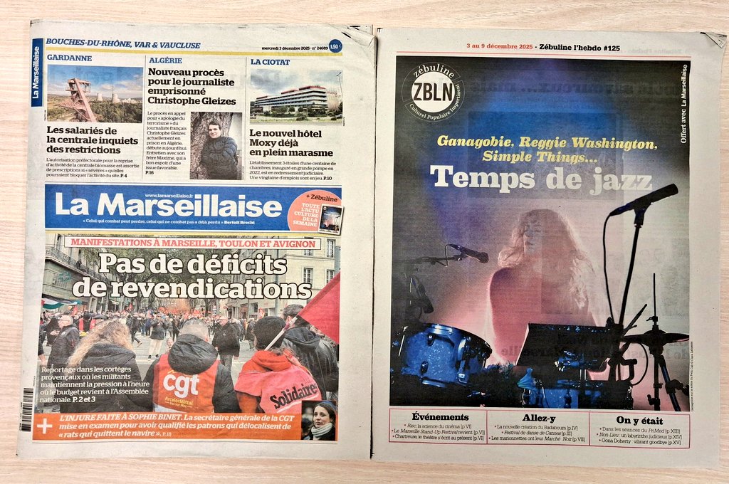 C'est mercredi ! Avec La Marseillaise <a href="/JournalZebuline/">Journal Zébuline</a> est offert : 20 pages pour tout savoir de l'actualité culturelle de la région 🤩🗞 
Au total 2 journaux, 48 pages d'actu pour seulement 1€50 en kiosque !
Abonnez-vous dès 9€90/mois
abonnement.lamarseillaise.fr