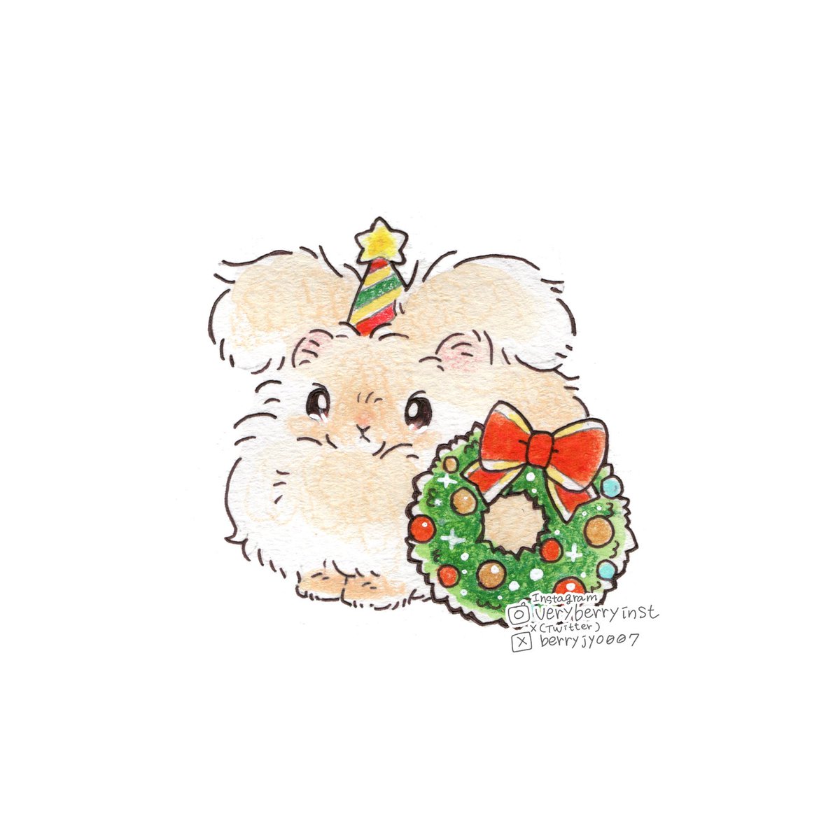 「うさぎさんのクリスマス アンゴラさんは 飼い主にクリスマス帽子をかぶせられて 不」|VeryBerry うさぎ星さん4/8-9出展のイラスト