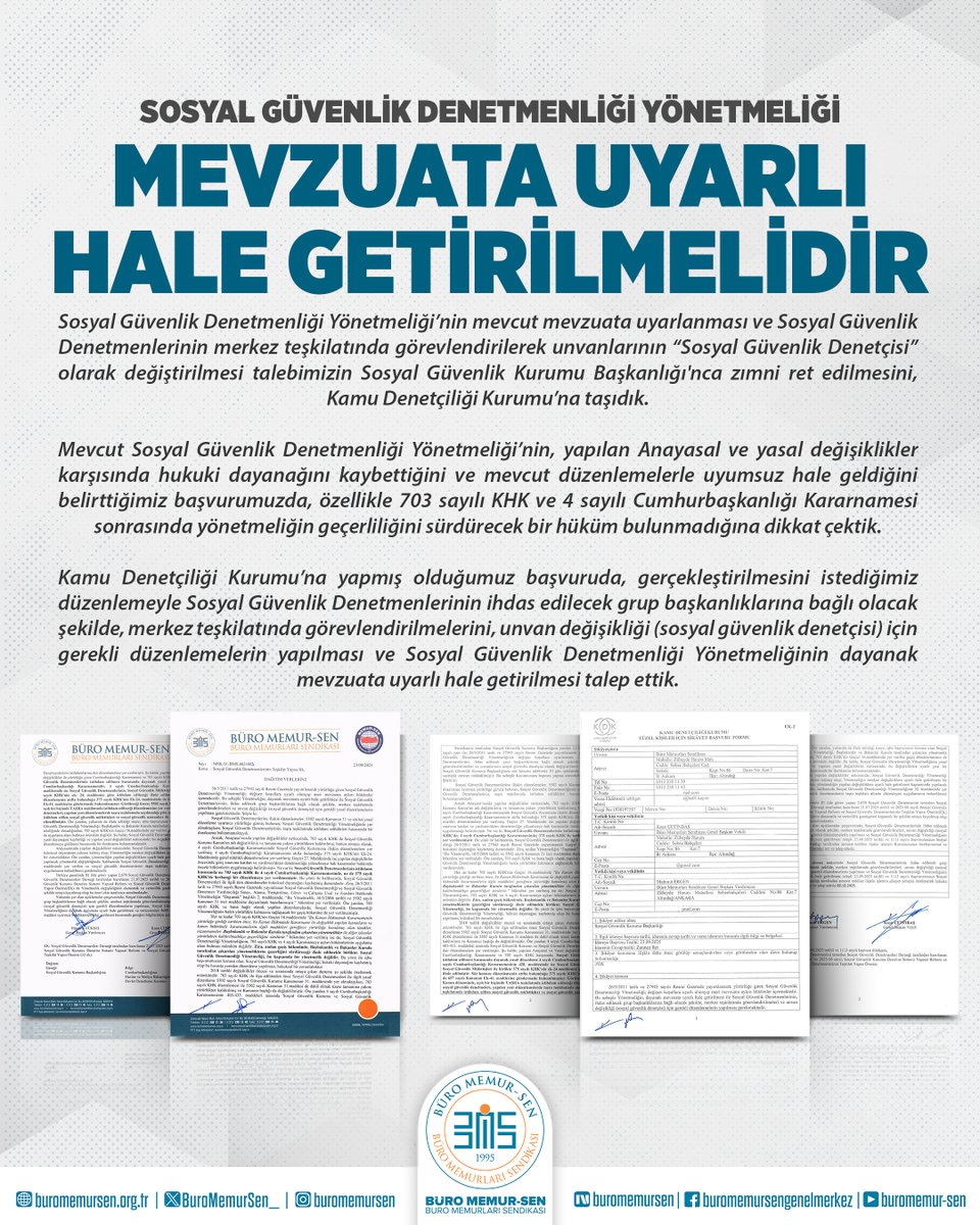 SOSYAL GÜVENLİK DENETMENLİĞİ YÖNETMELİĞİ MEVZUATA UYARLI HALE GETİRİLMELİDİR

Sosyal Güvenlik Denetmenliği Yönetmeliği’nin mevcut mevzuata uyarlanması ve Sosyal Güvenlik Denetmenlerinin merkez teşkilatında görevlendirilerek unvanlarının “Sosyal Güvenlik Denetçisi” olarak