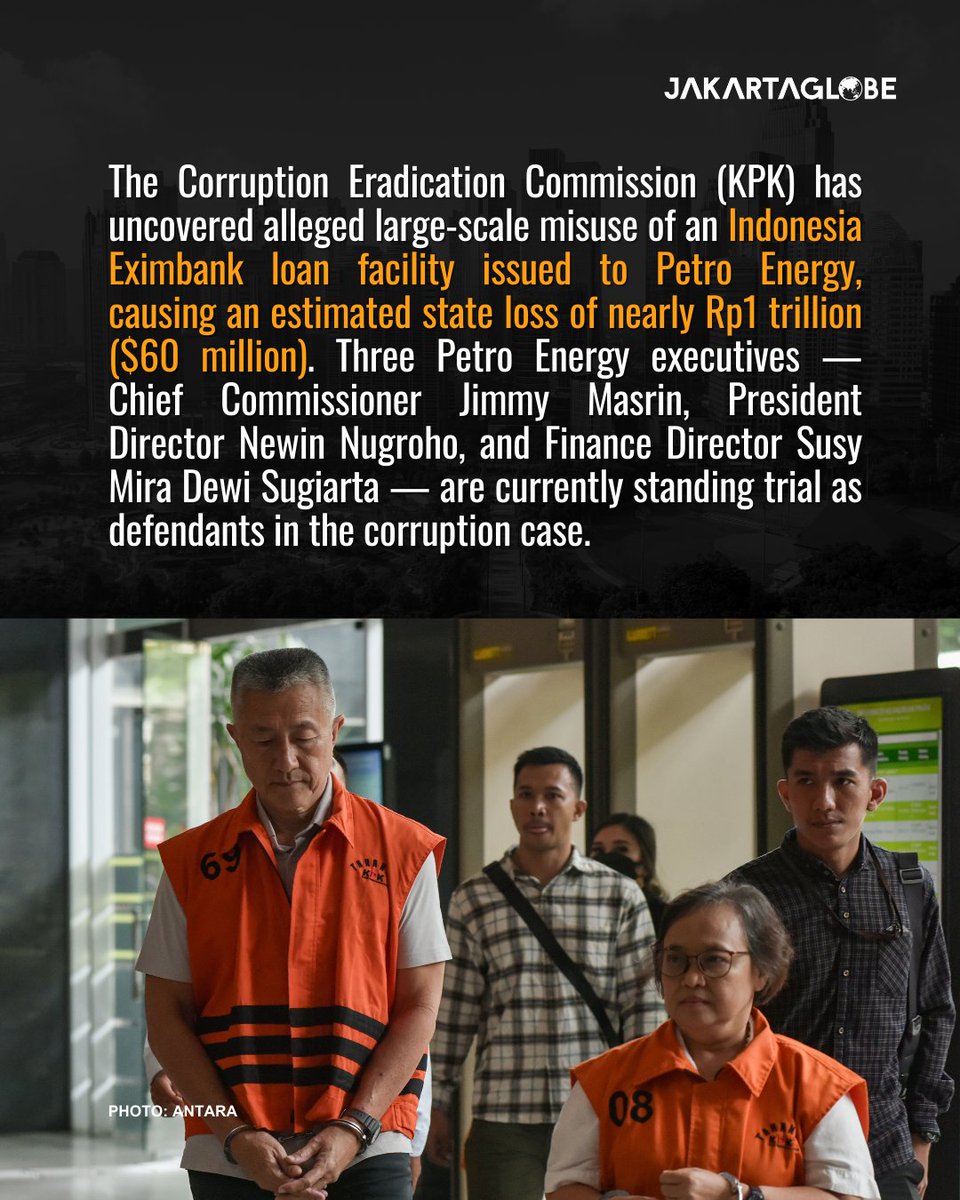 thejakartaglobe's tweet photo. A separate calculation by auditors at the Financial and Development Supervisory Agency (BPKP) concluded that Indonesia Eximbank suffered losses of approximately Rp966 billion.
#JakartaGlobe #IndonesiaEximbank #PetroEnergy #JimmyMasrin https://t.co/iOImyJiO3O