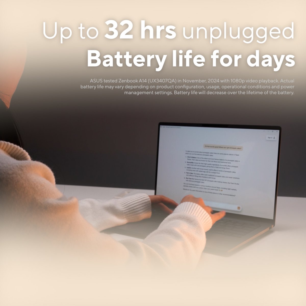 32 hours of power. 1 kg of lightness. 0 limits. #ASUS #Zenbook A14. 
#ASUSZenbook #DesignYouCanFeel #AIPC Learn More: au.asus.click/t1nfm0