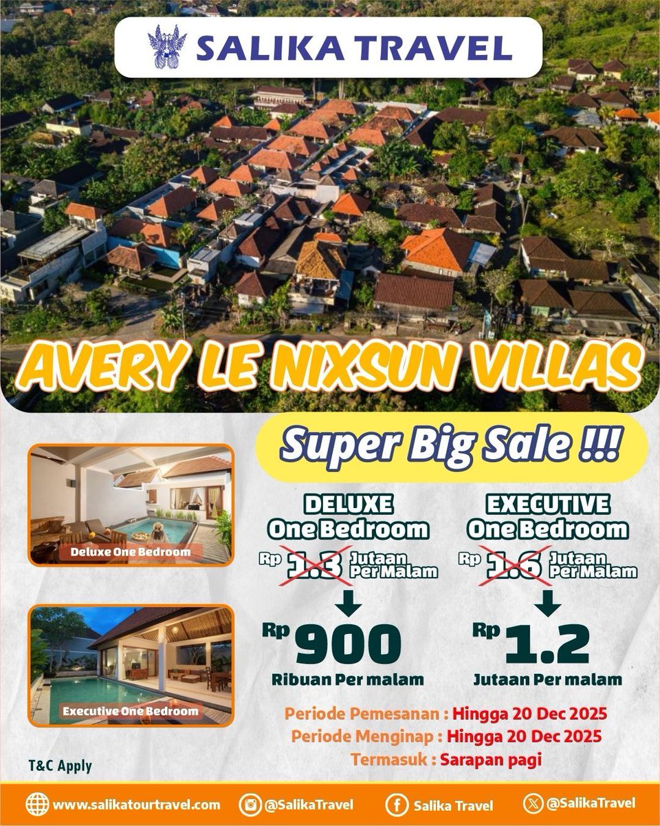 Dapatkan PROMO SPESIAL untuk pengalaman menginap eksklusif di Avery Le Nixsun Villas

atau dapat menghubungi
wa.me/6285954487807
wa.me/6281945166878
wa.me/6281803863912

T&amp;C Apply
#SalikaTravel
#HotelOffer
#HotelPromo
#HotelBali
#DiIndonesiaAja