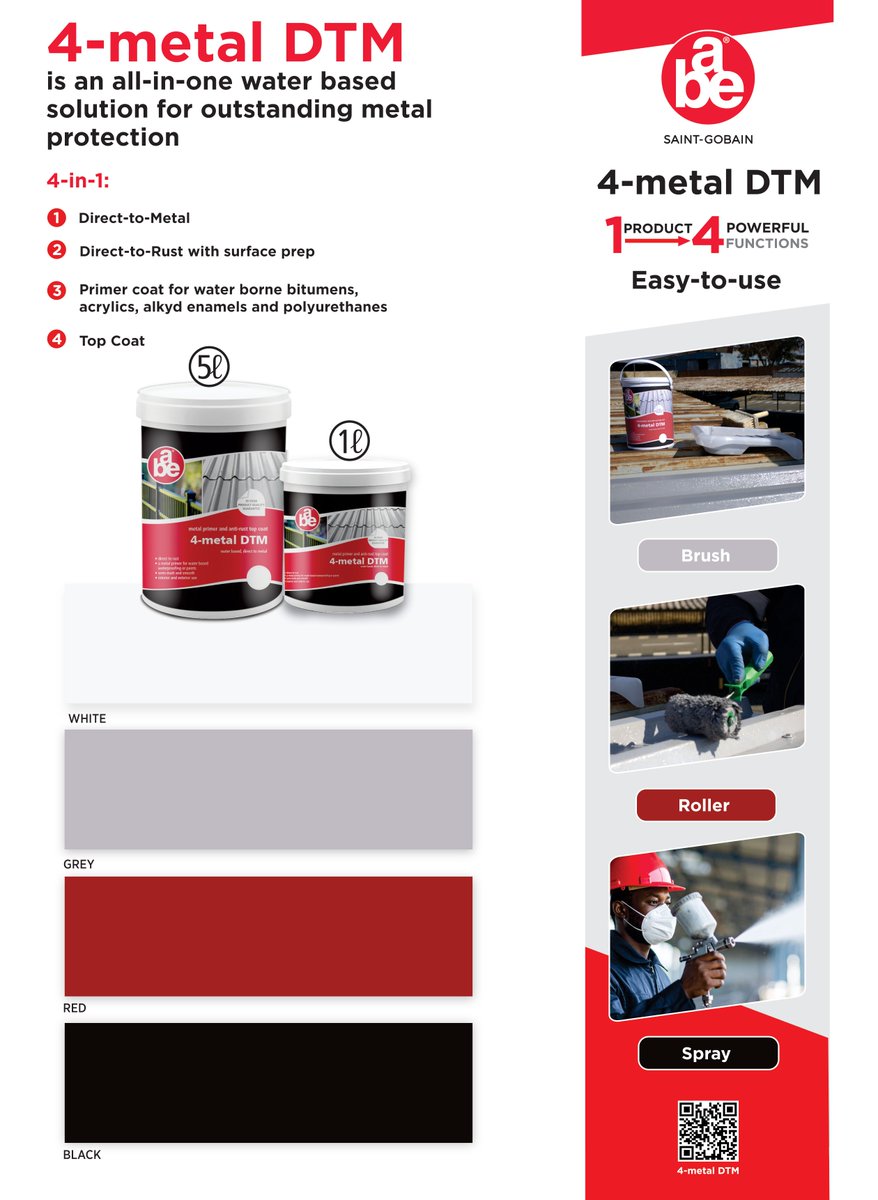 specifile's tweet image. Game-changer alert! 🔥 Introducing the 4-metal DTM by a.b.e.® Saint-Gobain!

Perfect for brush or spray applications! 💪 Need advice? Call (+27) 860 223 773

#4MetalDTM #MetalProtection #ConstructionChemicals #SaintGobain #BuildSmart #SouthAfrica