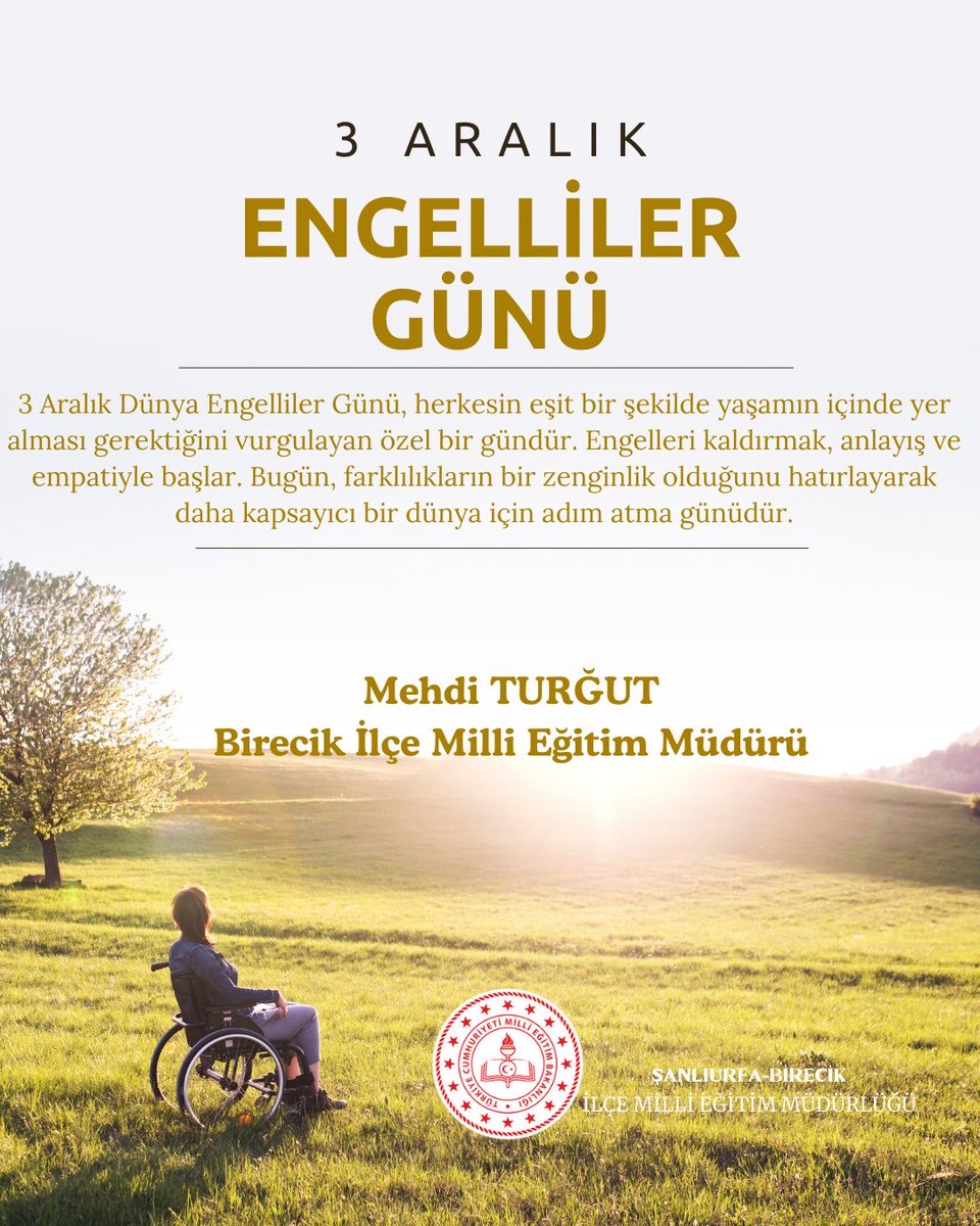 BirecikMem's tweet photo. 3 Aralık Dünya Engelliler Günü, farkındalık ve empatiyle daha güçlü bir toplum olma günüdür.
Engelleri birlikte aşan öğrencilerimize, ailelerimize ve emek veren öğretmenlerimize teşekkür ediyorum.

Mehdi TURĞUT 
Birecik İlçe Millî Eğitim Müdürü
@TurgutMehdi https://t.co/QC7aCr6GKq